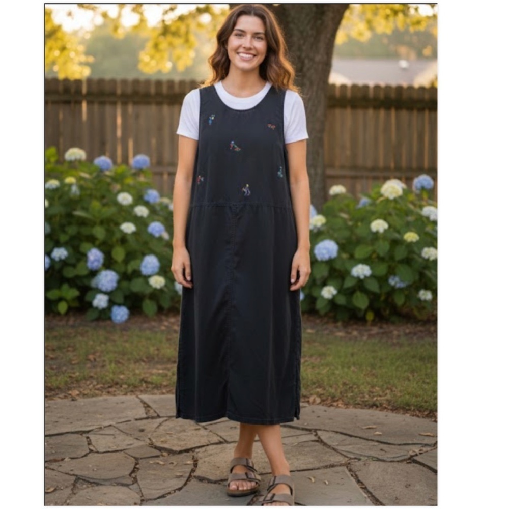 VTG Talbots 90s Butter Mom Maxi Dress L Gardening Embroidered Cottage Jumper